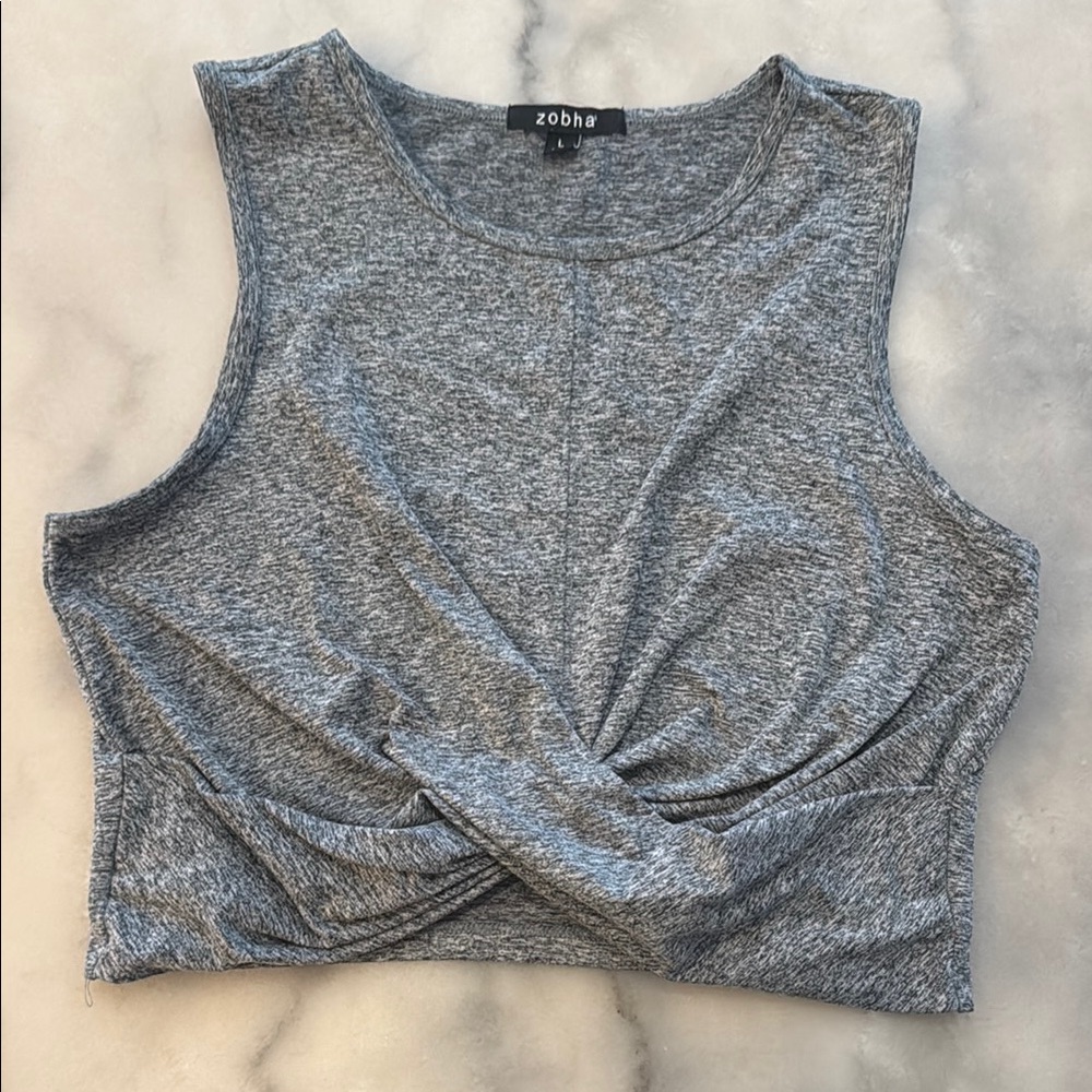 Zobha Gray Twist Front Cropped Tank Top